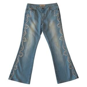 Y2K Embroidered Flare Stonewashed Denim Jeans - Size 9 (Junior)